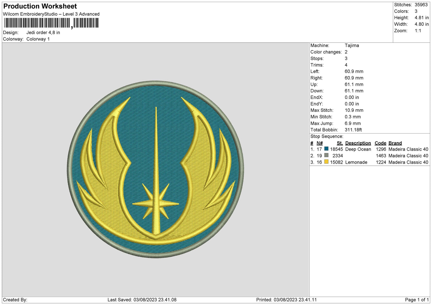 Jedi O Embroidery File 6 sizes