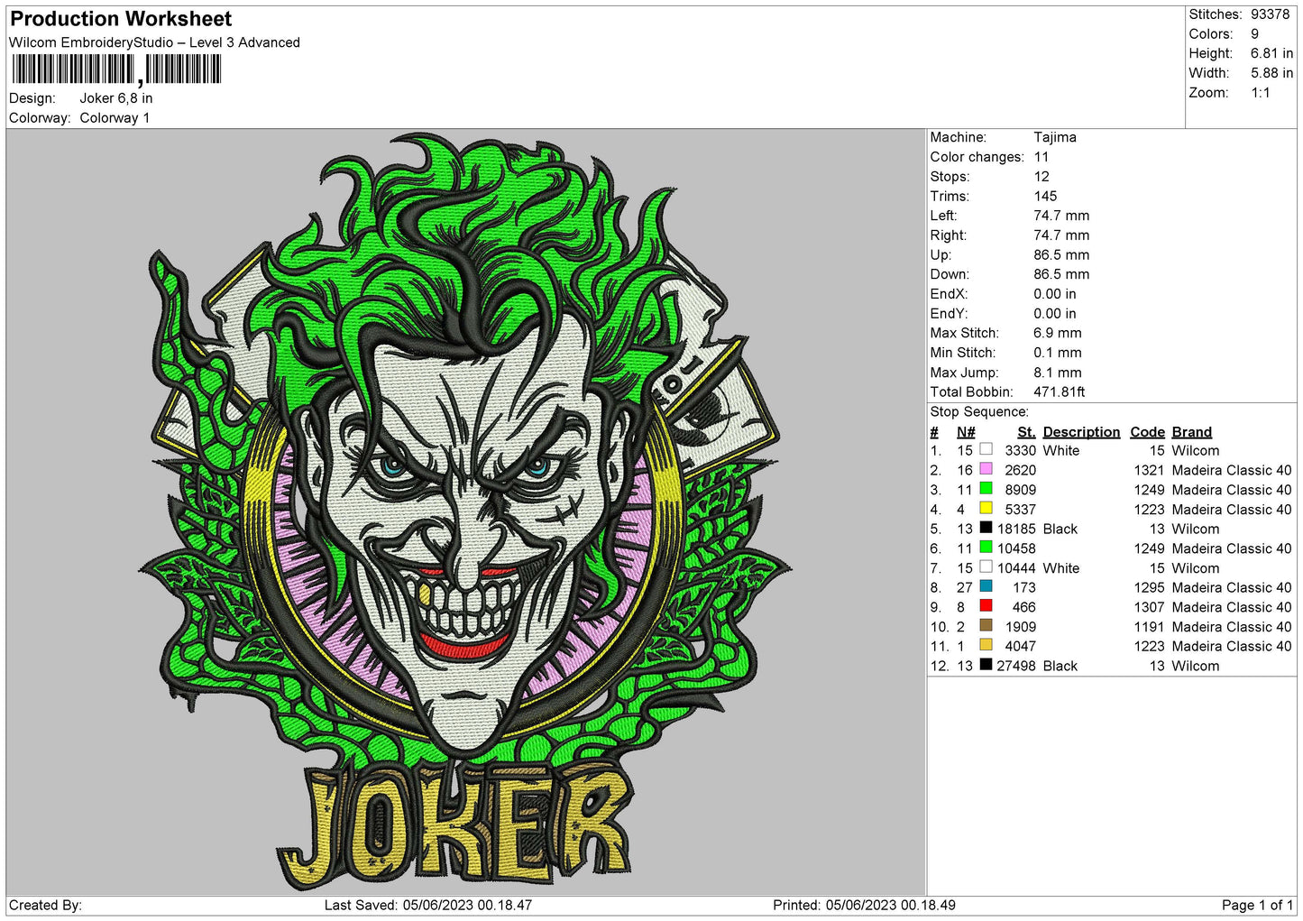 Joker Embroidery File 6 sizes