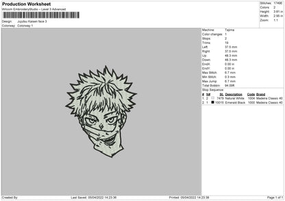 Jujutsu Kaisen Face Embroidery File 4 size