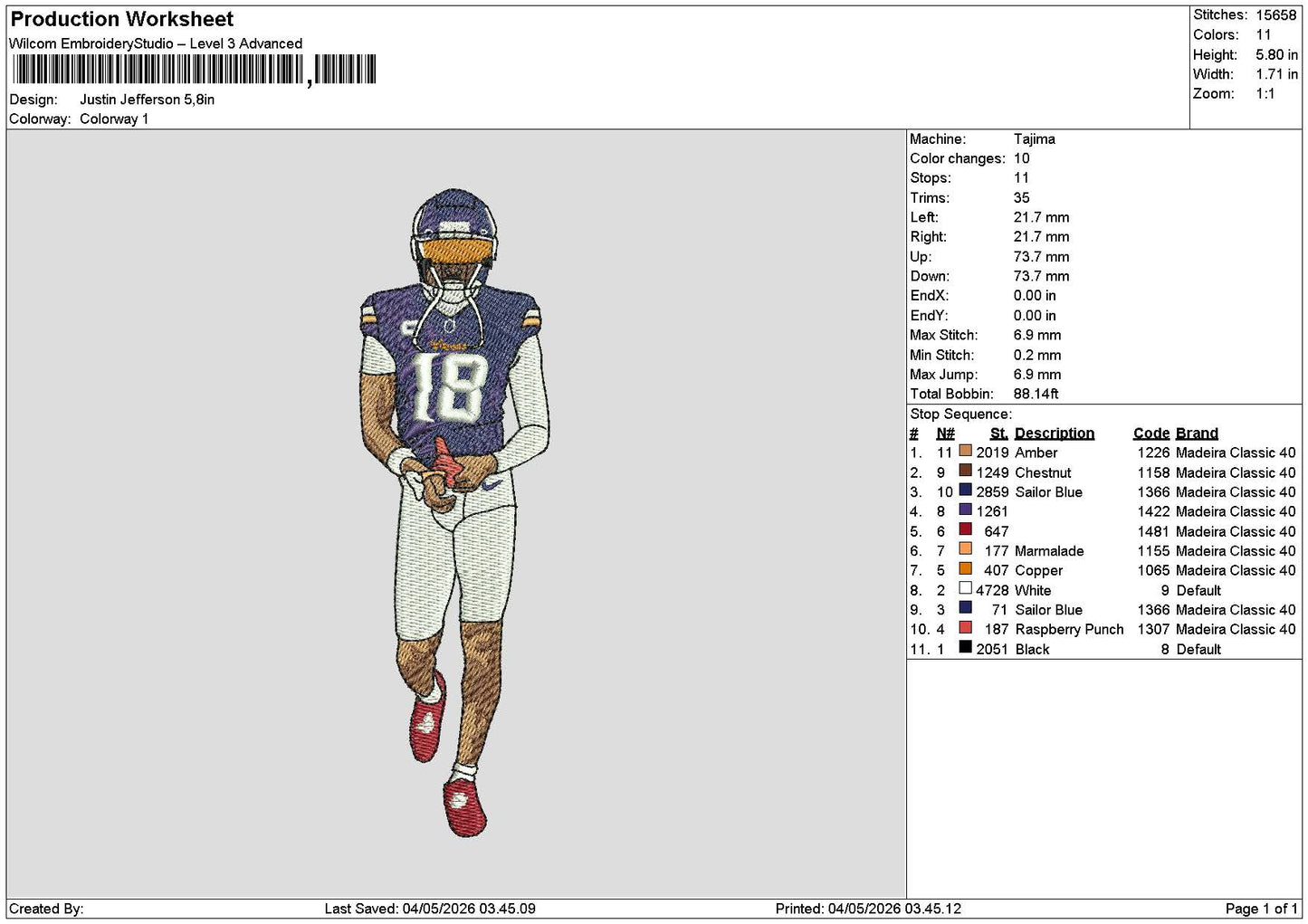 Player Justin Embroidery File 6 sizes