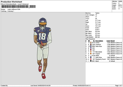 Player Justin Embroidery File 6 sizes