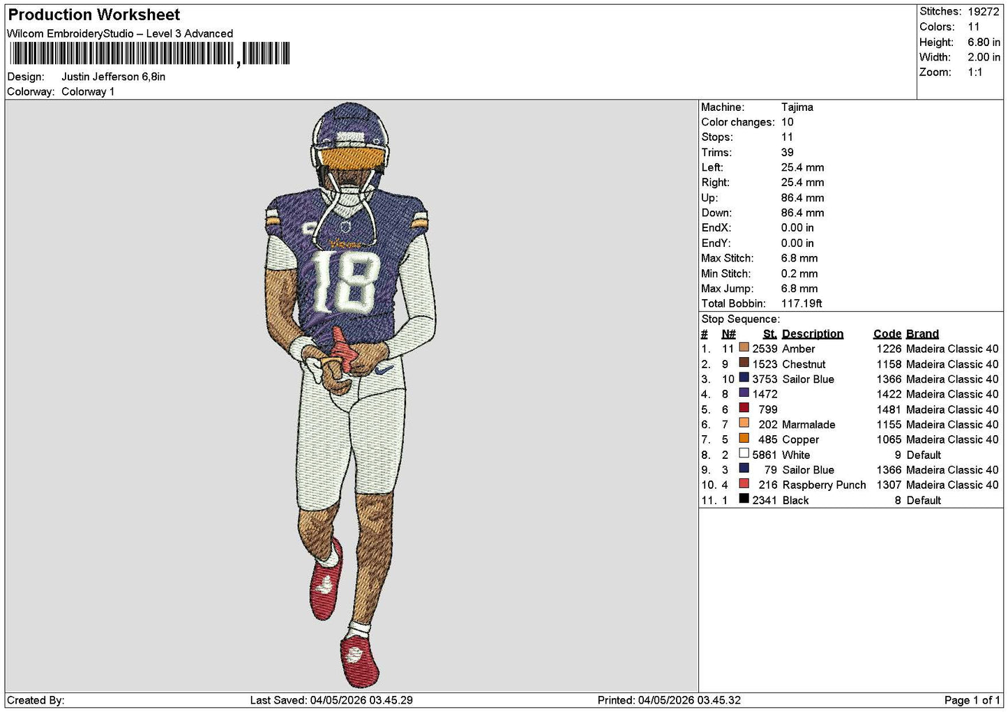 Player Justin Embroidery File 6 sizes
