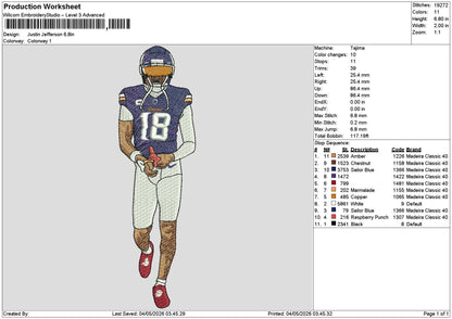 Player Justin Embroidery File 6 sizes