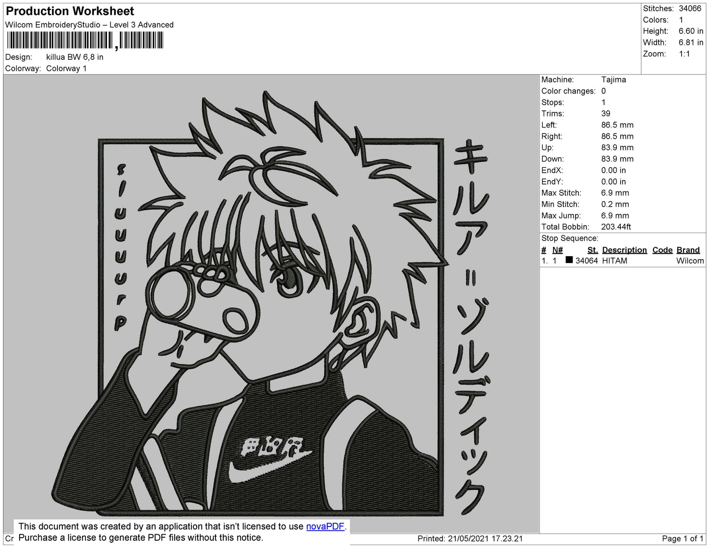 Killua BW Embroidery File 4 size