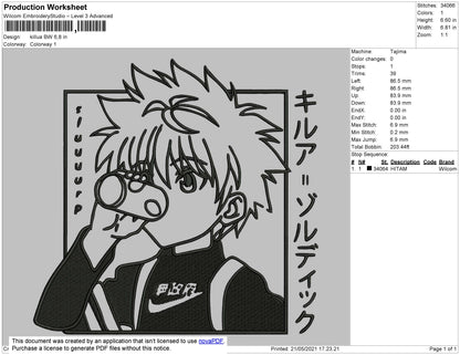Killua BW Embroidery File 4 size