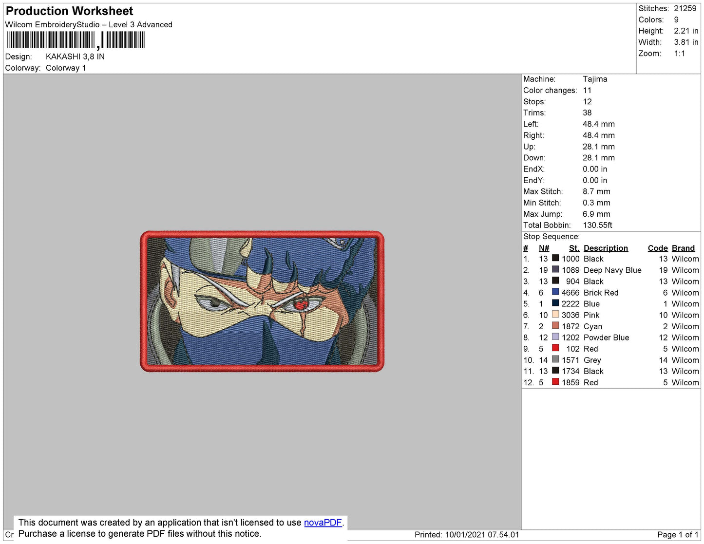 Kakashi Eyex Embroidery File 7 size
