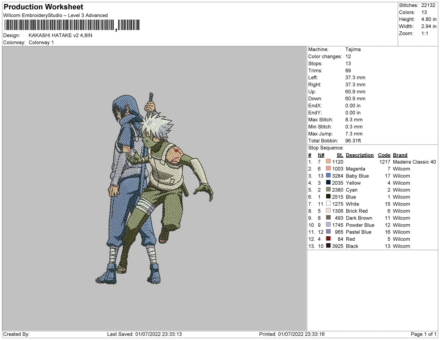 Kakashi Hatake V2 Embroidery File 4 sizes