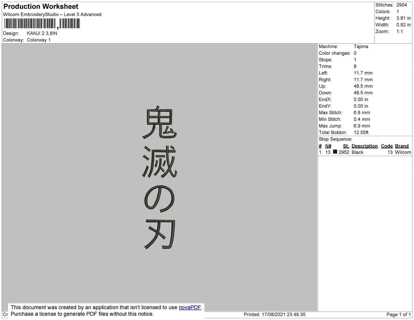 Kanji 2 Embroidery File 4 size