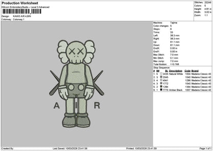 Kaws1003a Embroidery File 6 sizes