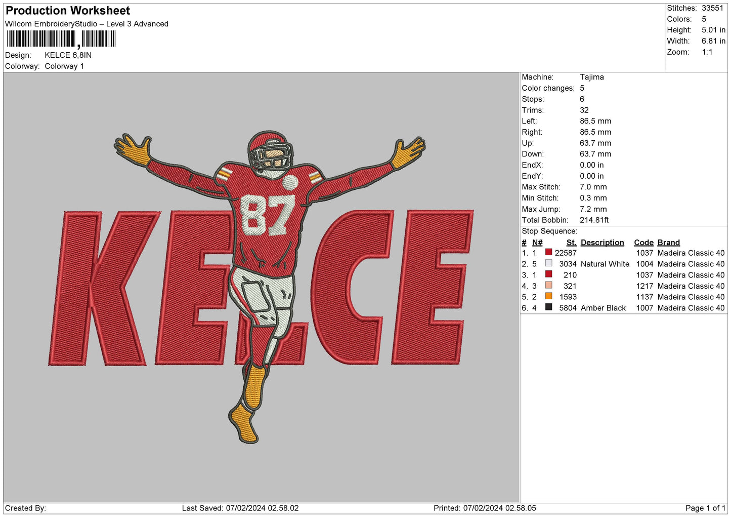 Player87 Embroidery File 6 sizes