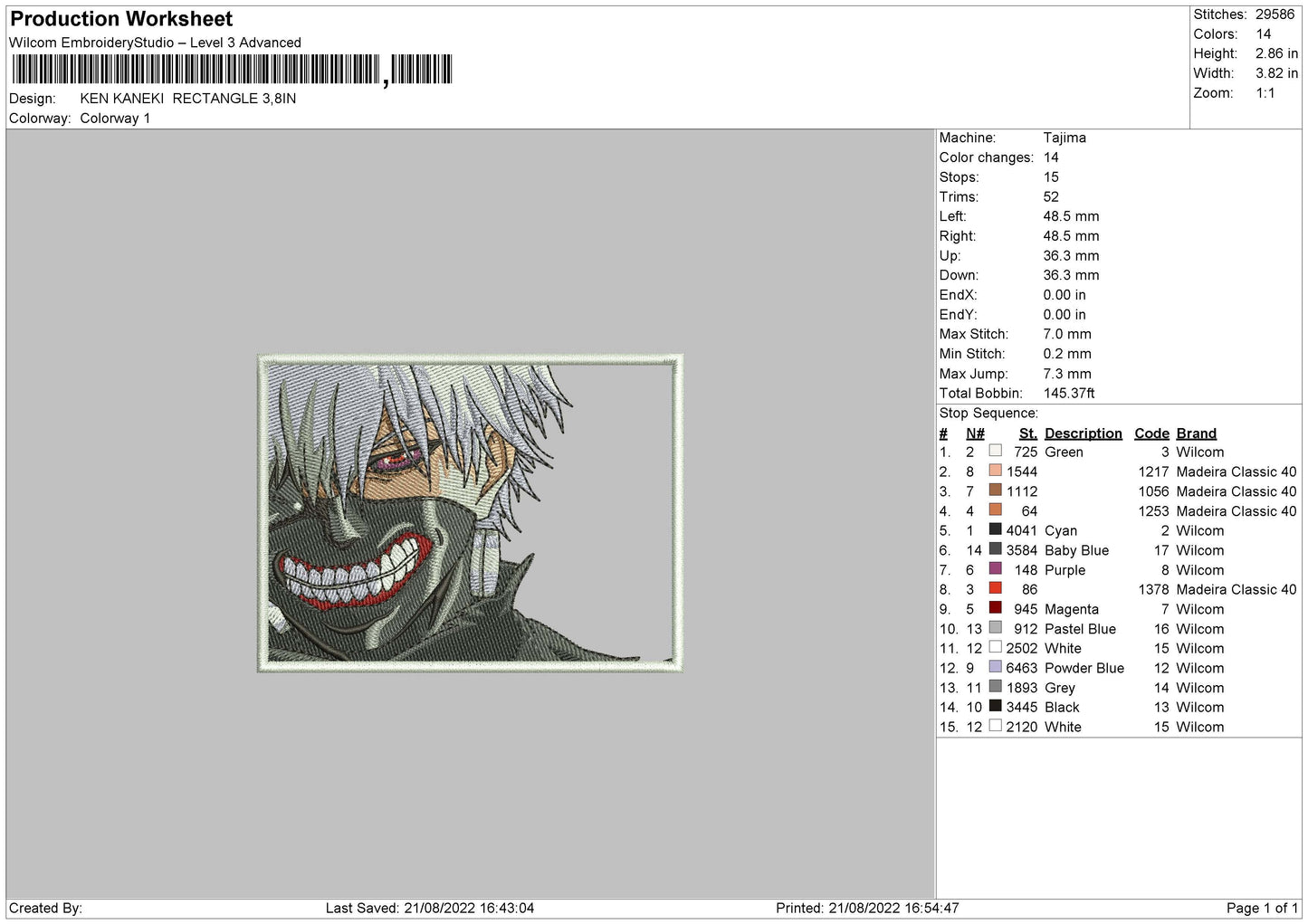 Ken Kaneki Rectangle Embroidery File 5 sizes