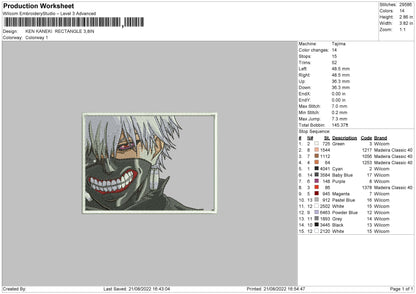 Ken Kaneki Rectangle Embroidery File 5 sizes