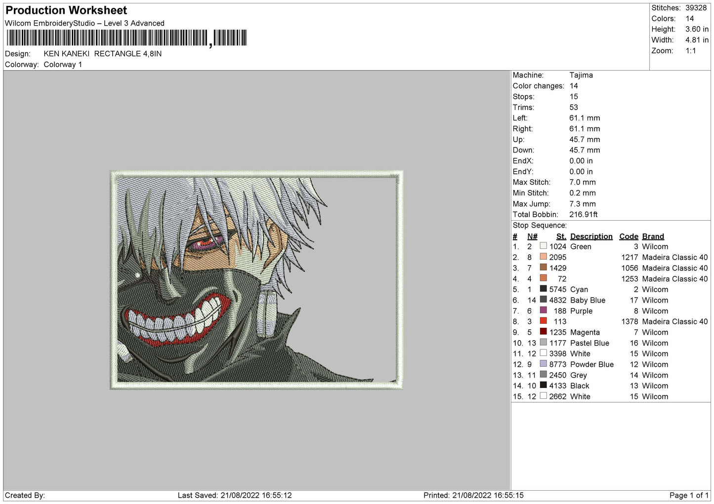 Ken Kaneki Rectangle Embroidery File 5 sizes
