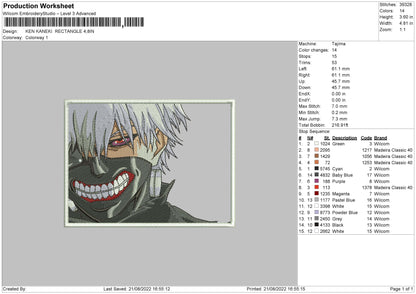 Ken Kaneki Rectangle Embroidery File 5 sizes