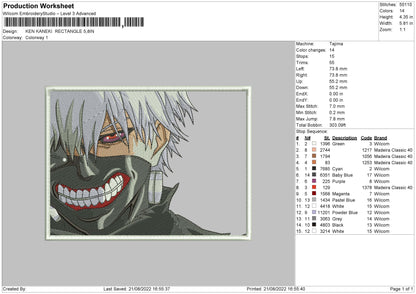 Ken Kaneki Rectangle Embroidery File 5 sizes