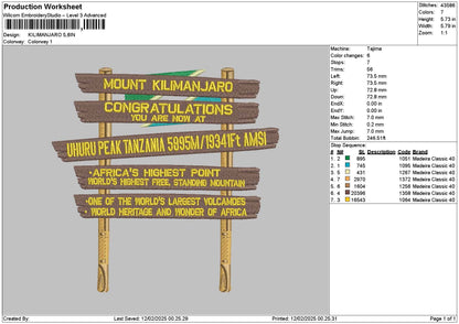 Kilimanjarotext Embroidery File 6 sizes