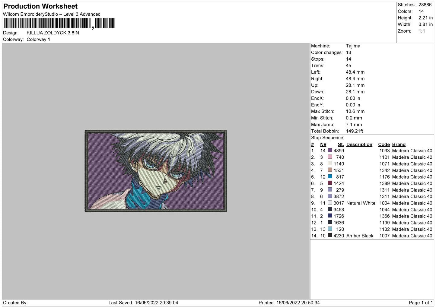 Killua Zoldyck Embroidery File 4 size