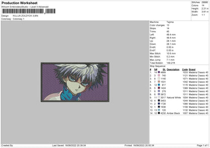 Killua Zoldyck Embroidery File 4 size