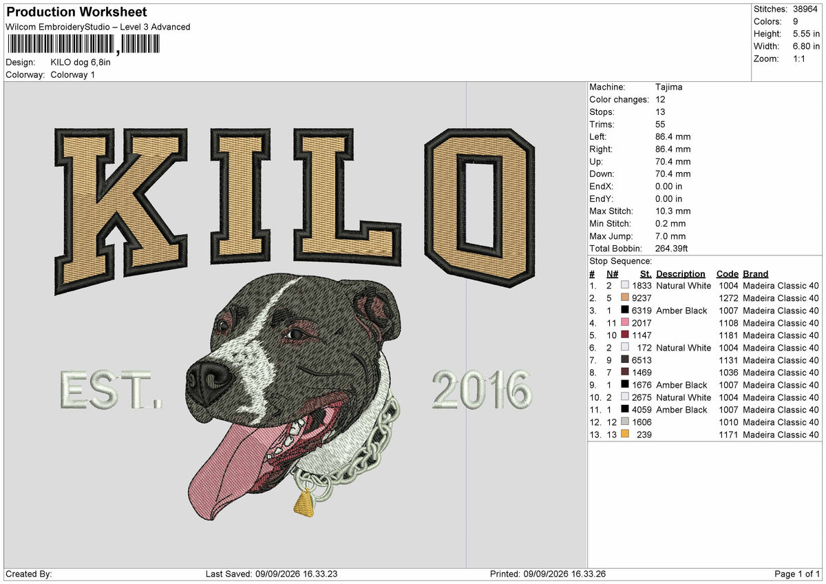 Kilo Dog Embroidery Machine Design File 6 sizes