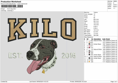Kilo Dog Embroidery Machine Design File 6 sizes