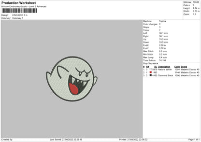 King Boo Embroidery File 5 sizes