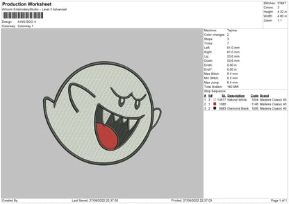 King Boo Embroidery File 5 sizes