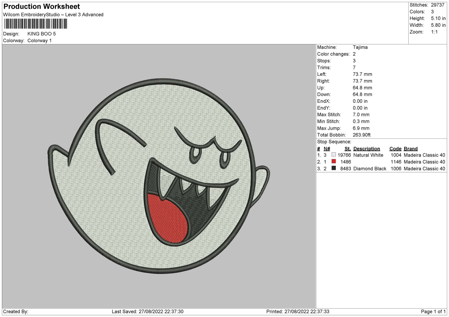 King Boo Embroidery File 5 sizes