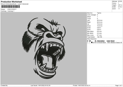 King Kong Embroidery File 5 size