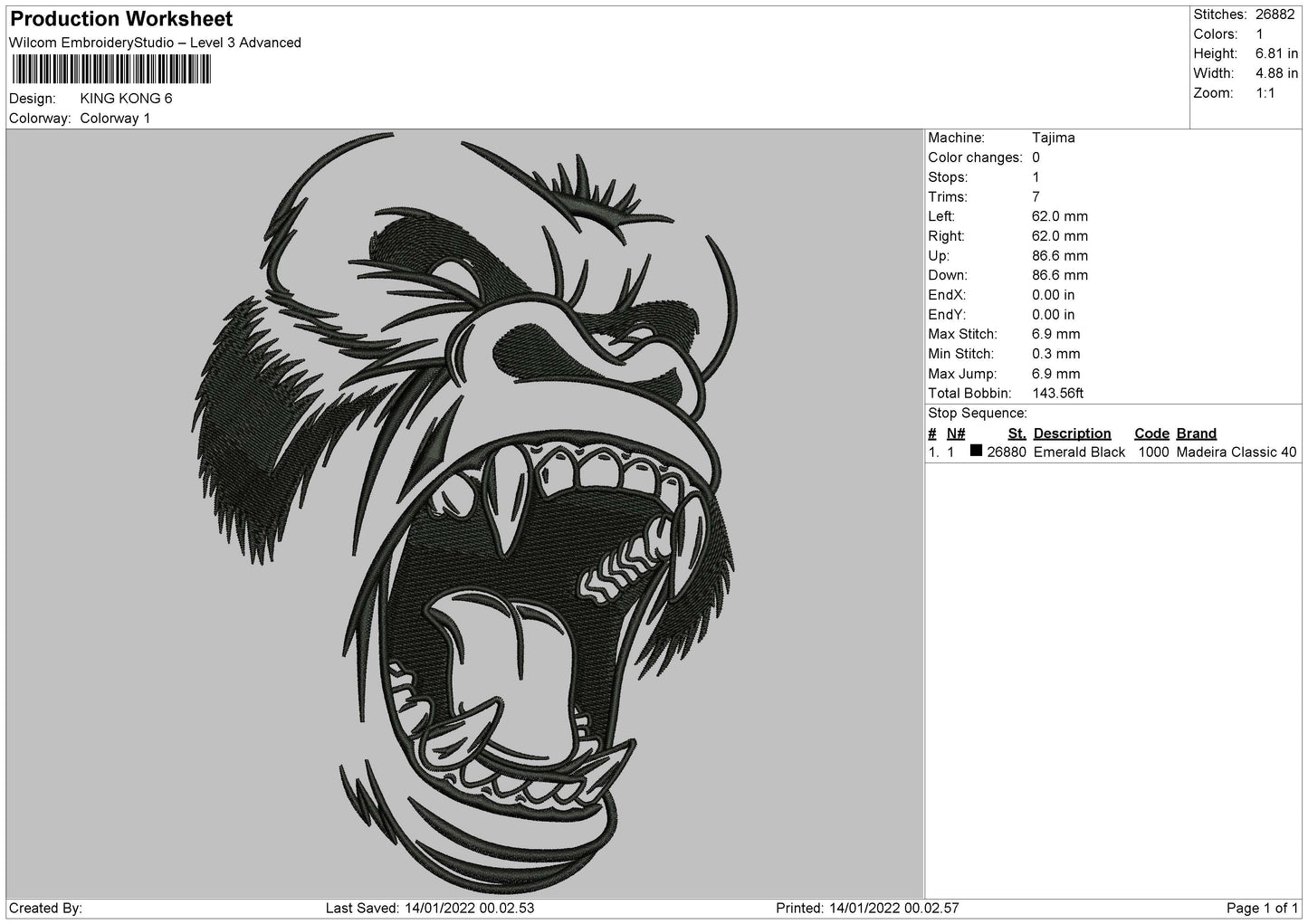 King Kong Embroidery File 5 size