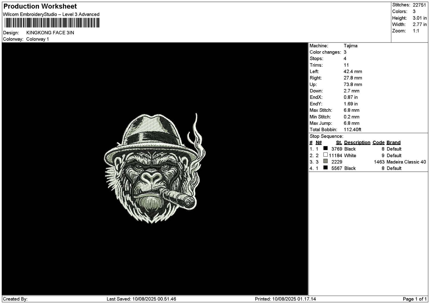 Kingkong 0908 Embroidery File 6 sizes