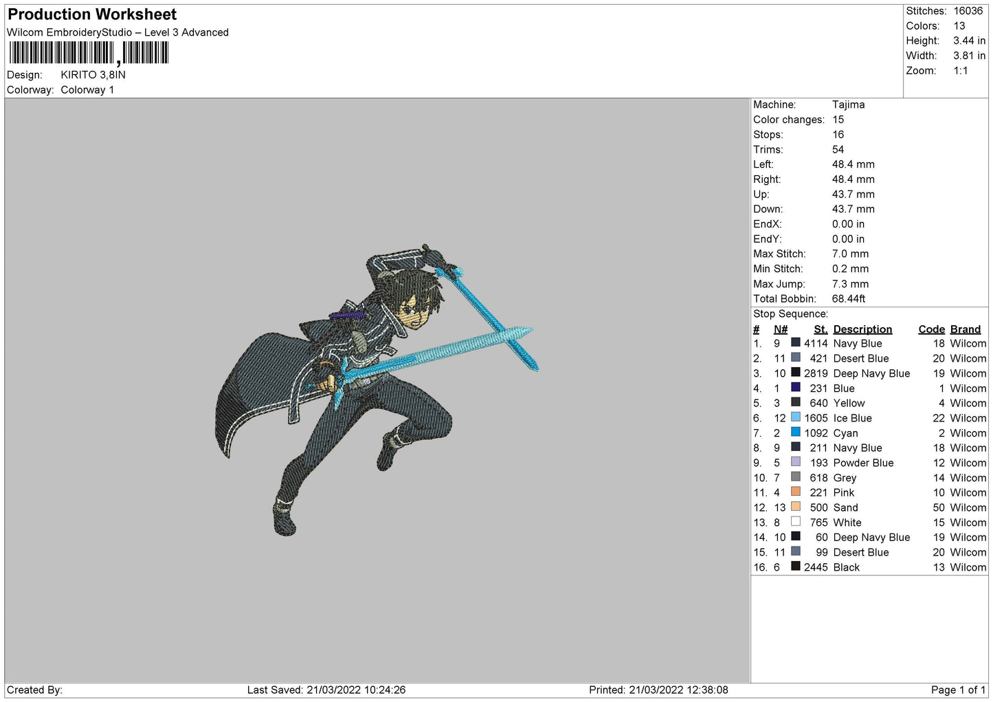 Kirito Embroidery File 4 size