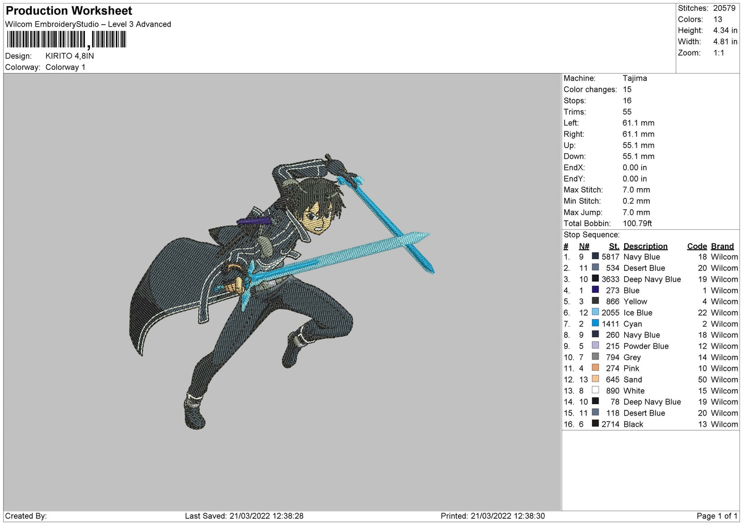 Kirito Embroidery File 4 size