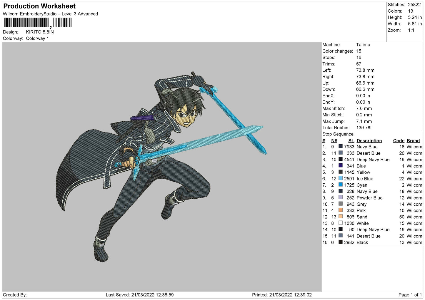 Kirito Embroidery File 4 size