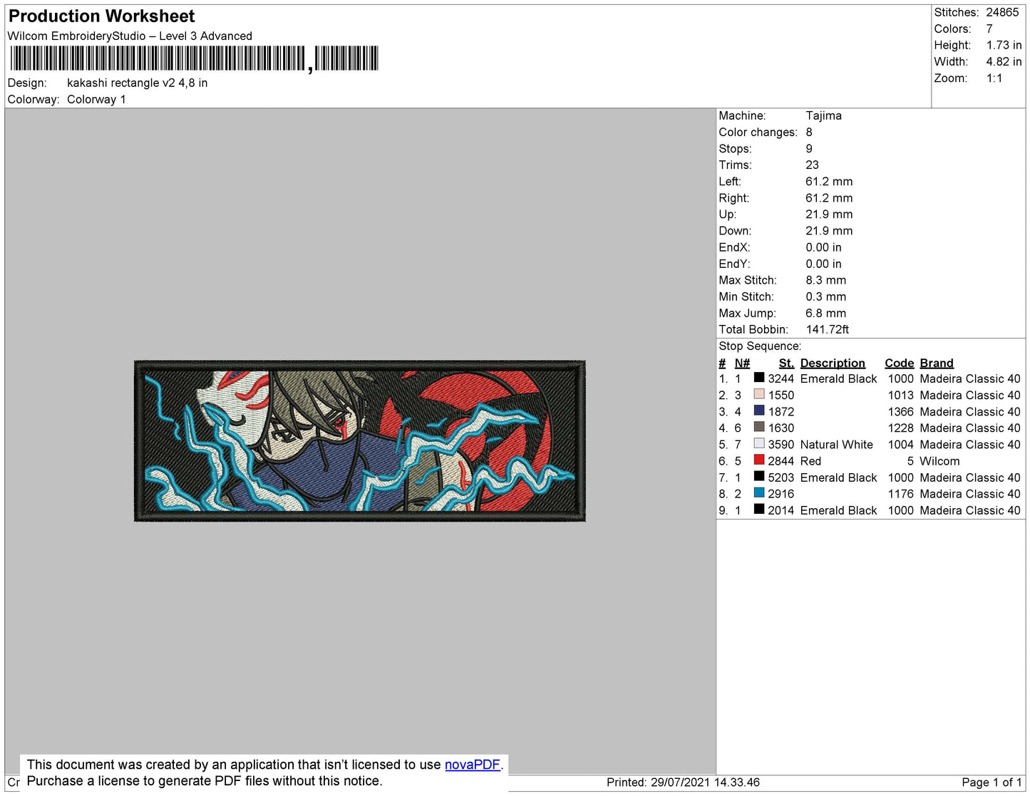 Kakashi Rectangle Embroidery File 4 size