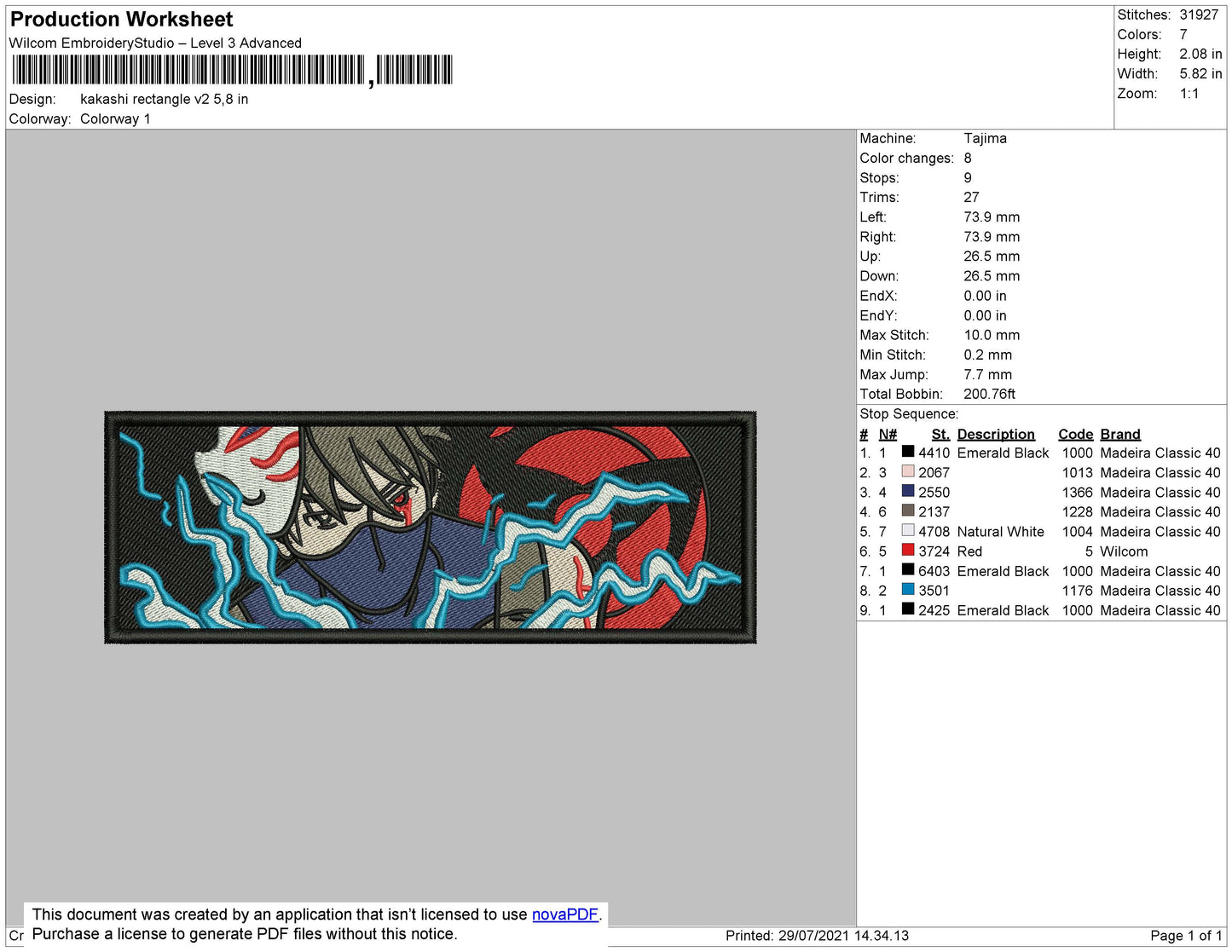 Kakashi Rectangle Embroidery File 4 size