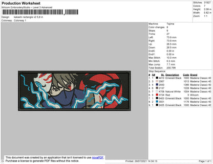 Kakashi Rectangle Embroidery File 4 size