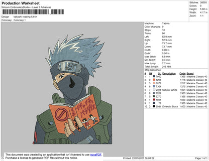 Kakashi Reading Embroidery File 4 size