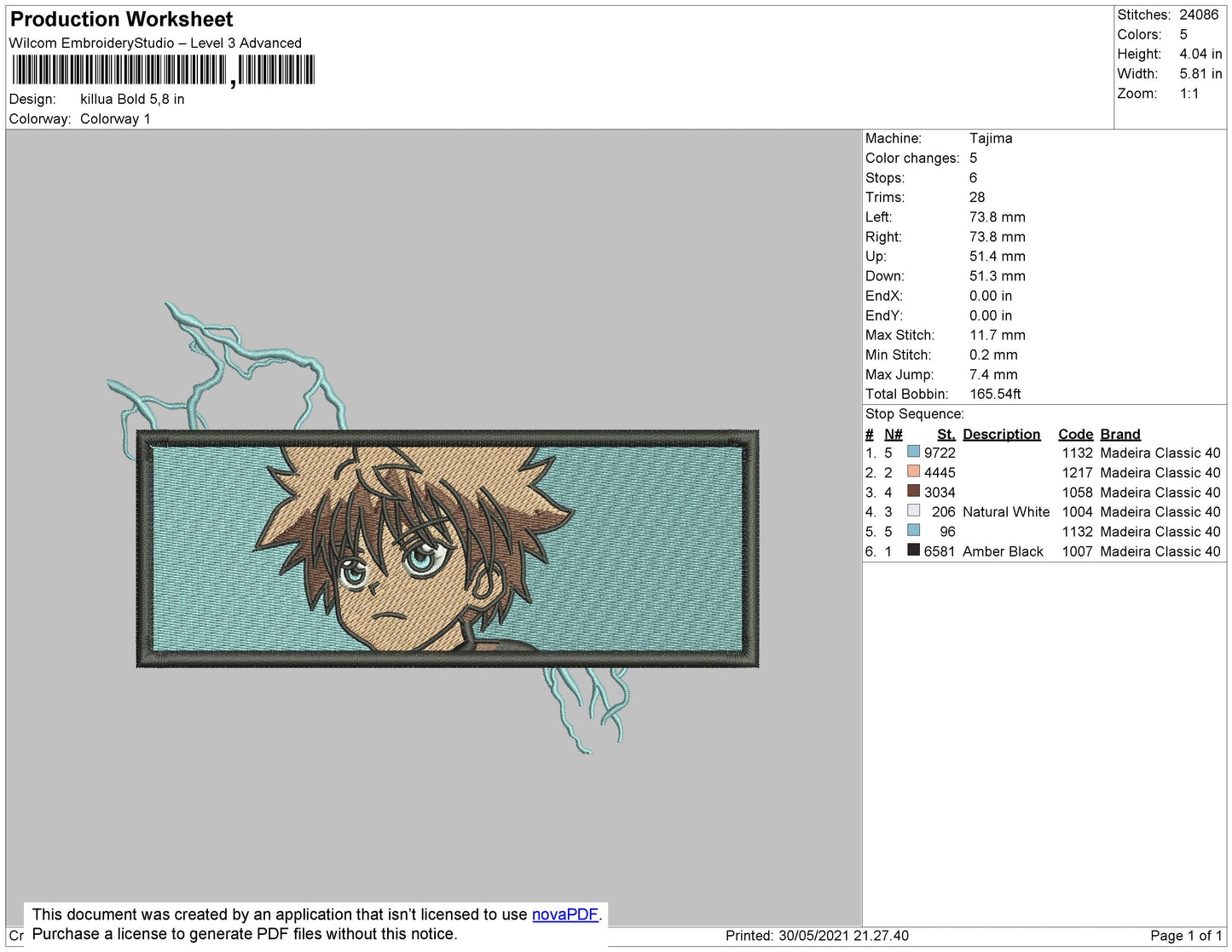 Killua Bold Embroidery File 4 size