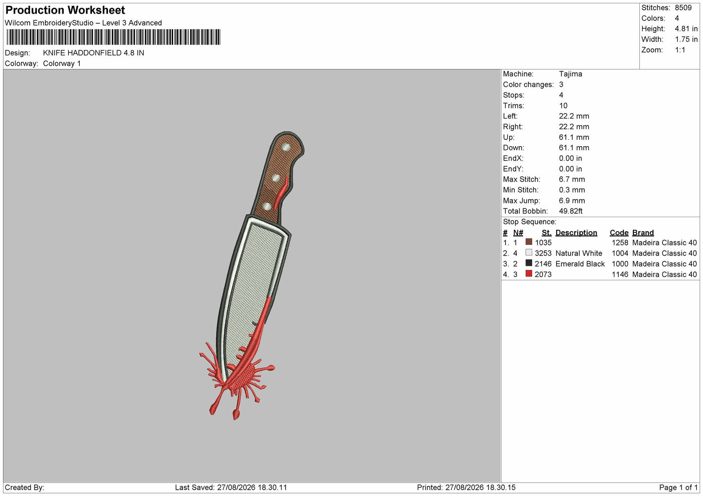 Knife Blood Embroidery Machine Design File 6 sizes