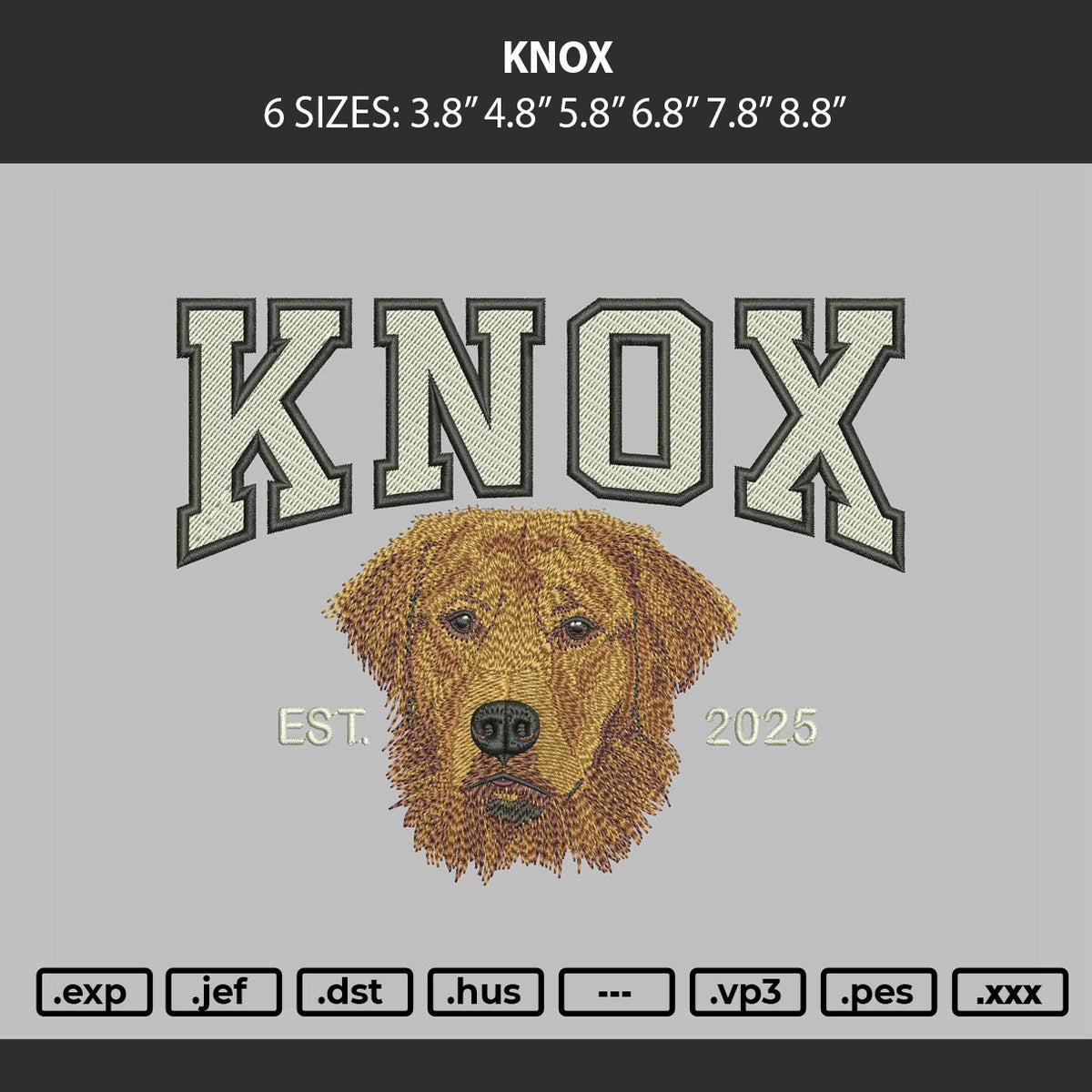 Knox Dog Embroidery Machine Design File 6 sizes