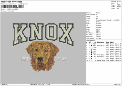 Knox Dog Embroidery Machine Design File 6 sizes