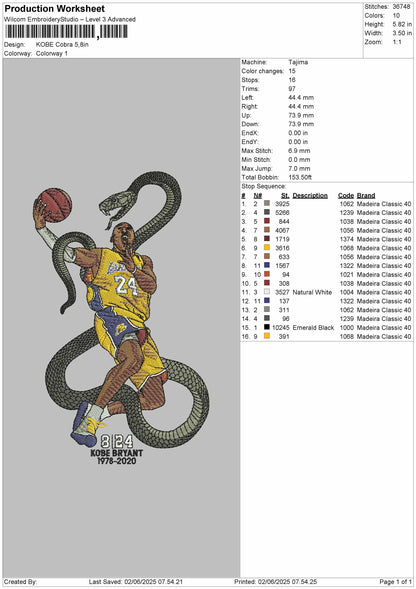Kobe Bryan Cobra Embroidery Design File