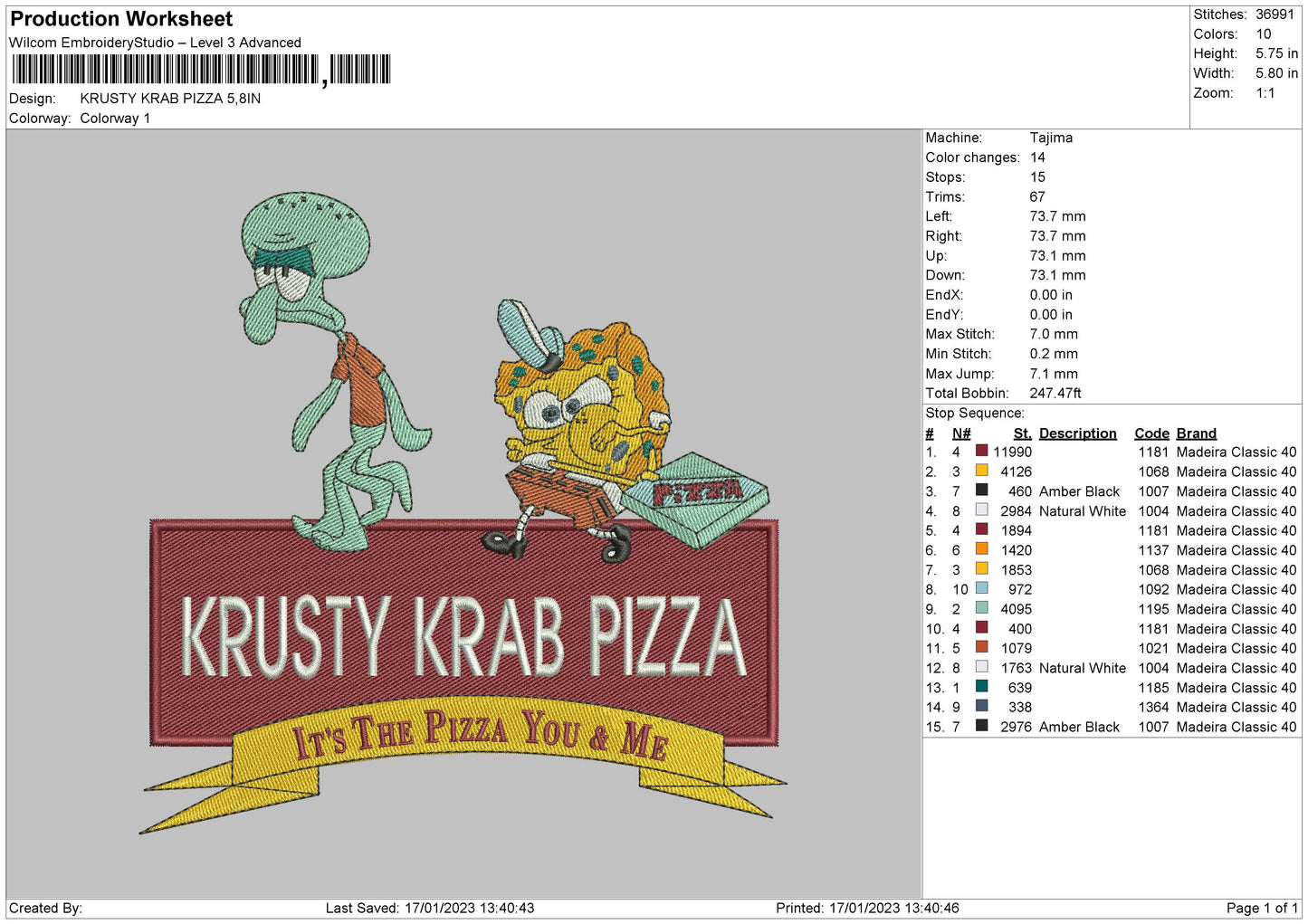 Krab Pizza Embroidery File 6 sizes
