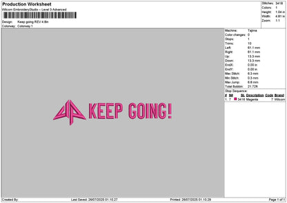 Keepgoing Text Embroidery File 6 sizes