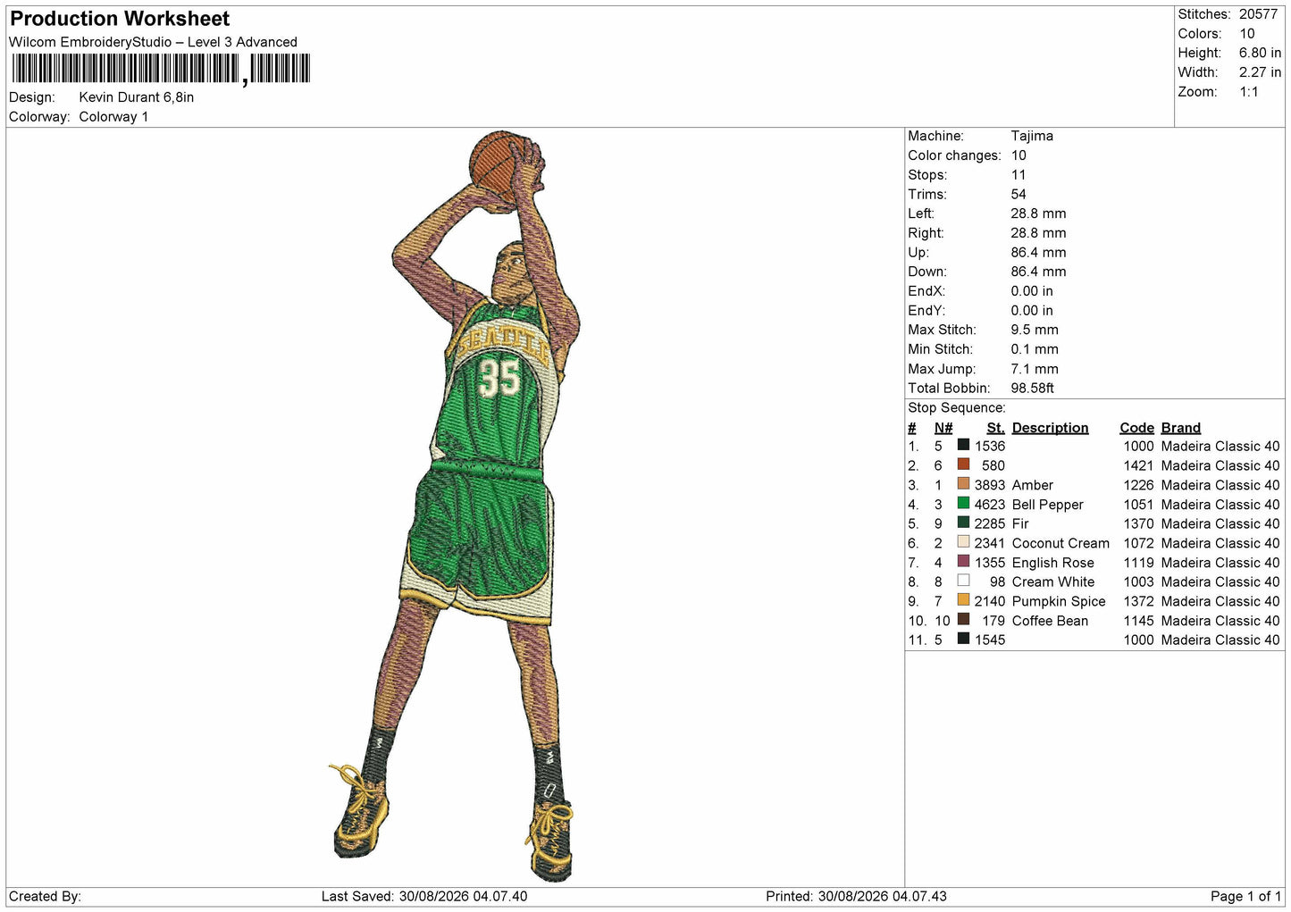 Player Kevin Embroidery Machine Design File 6 sizes