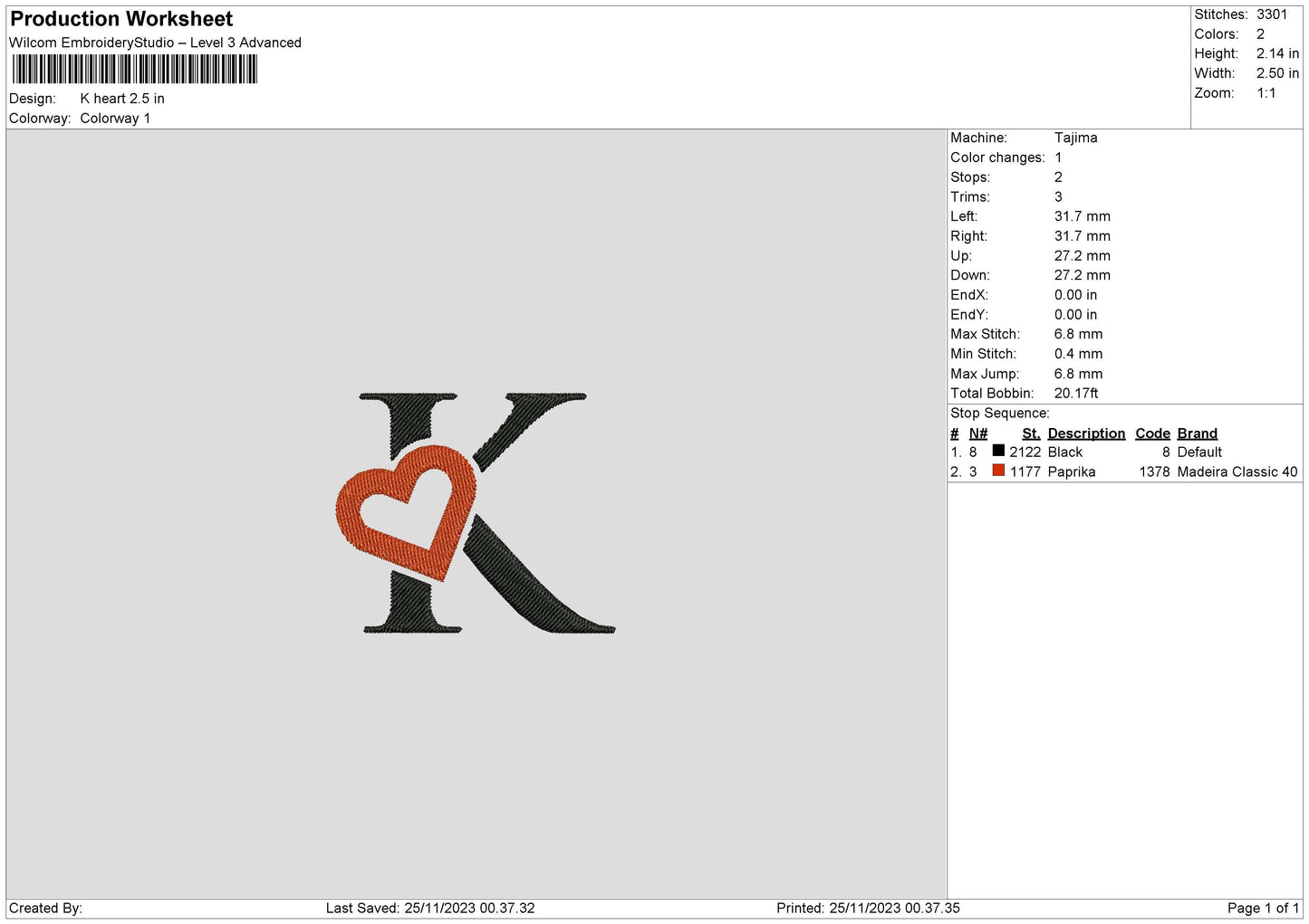K Heart Embroidery File 6 sizes