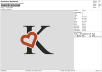 K Heart Embroidery File 6 sizes