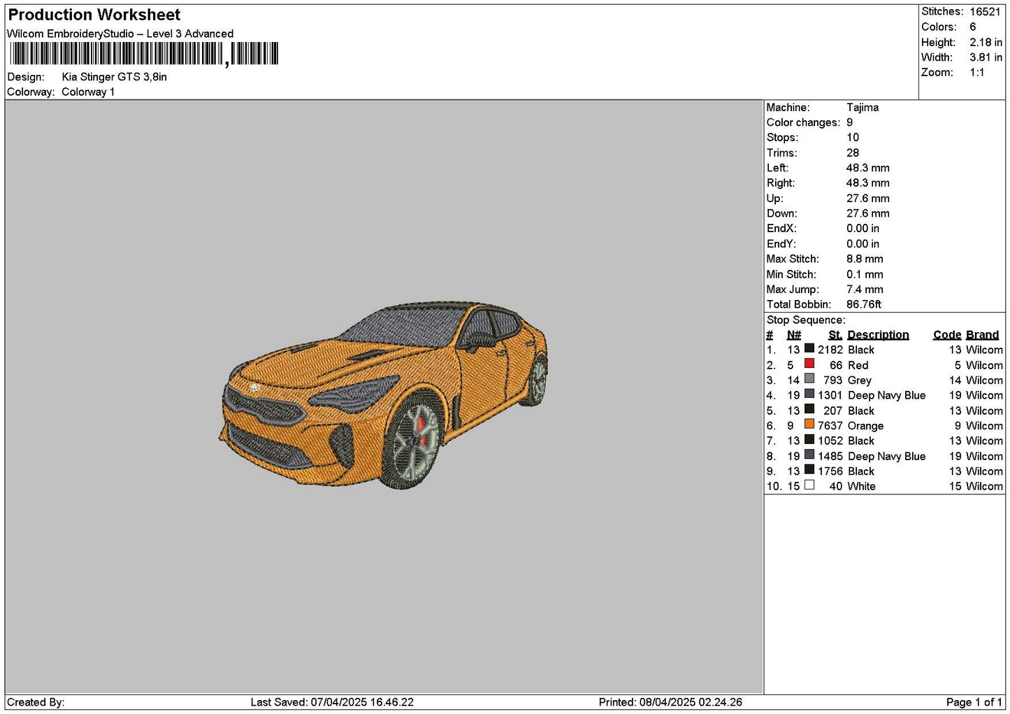 Orange Car 0804 Embroidery File 6 sizes