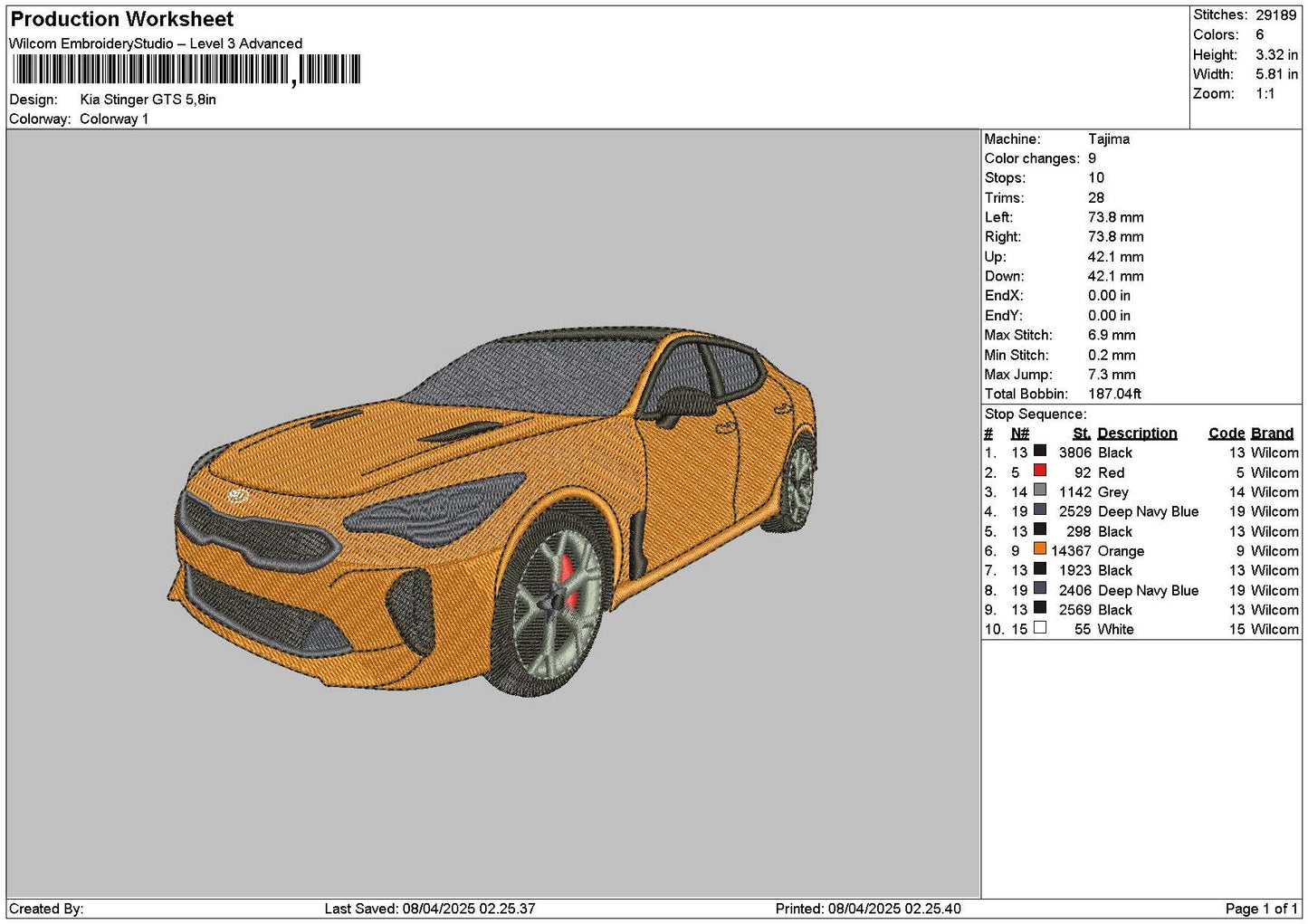 Orange Car 0804 Embroidery File 6 sizes