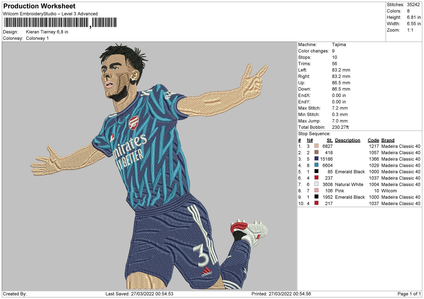 Kieran Tierney Embroidery File 4 size